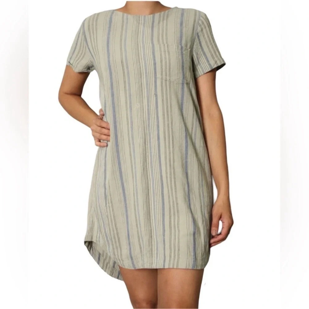 Cloth & Stone Linen Blend Tunic Dress Striped Short Sleeve Size Small Sage Green - Picture 11 of 11